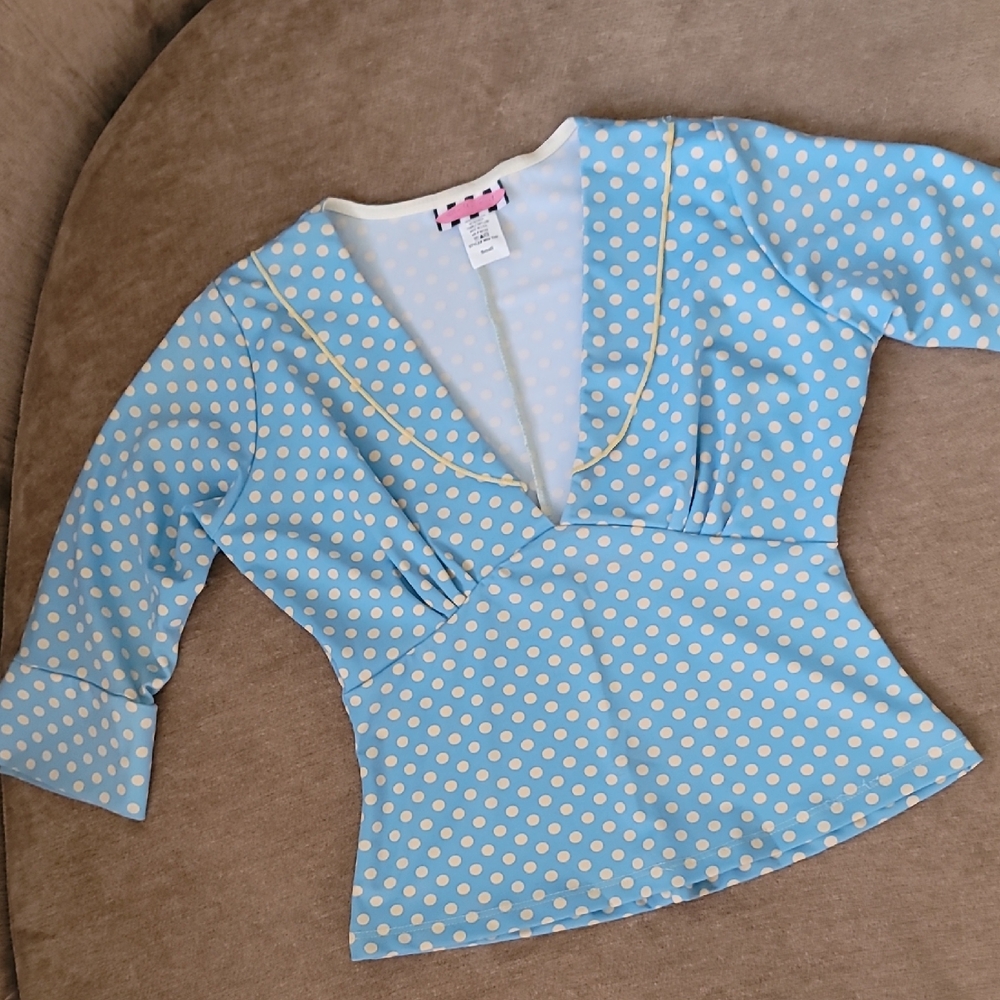 Pinup Couture Blue & Yellow Polka-dot Blouse Rare